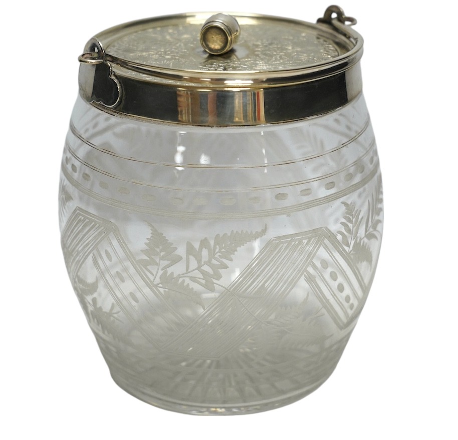 An electroplate mounted glass biscuit barrel, 16cm. Condition - fair to good